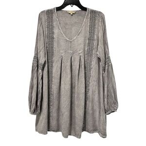 ANANDAS Collection Tunic Dress Grey Boho Crochet Lattice balloon Sleeve Large